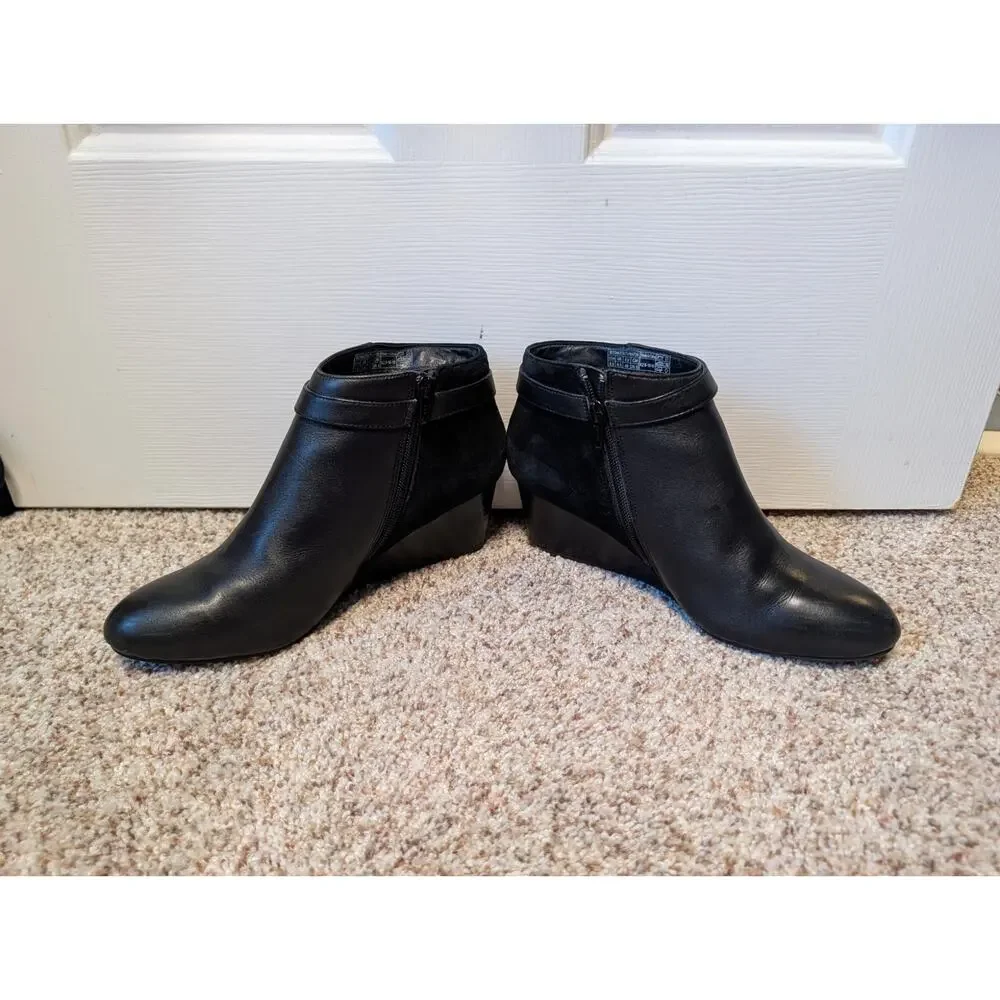 Vionic Shasta Womens 8.5 Black Leather Suede Ankle Boots Wedge Side Zip Buckle